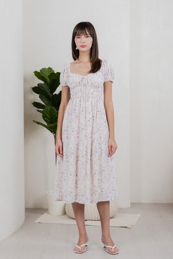 Tayra Floral Ruched Midi Dress In Pink