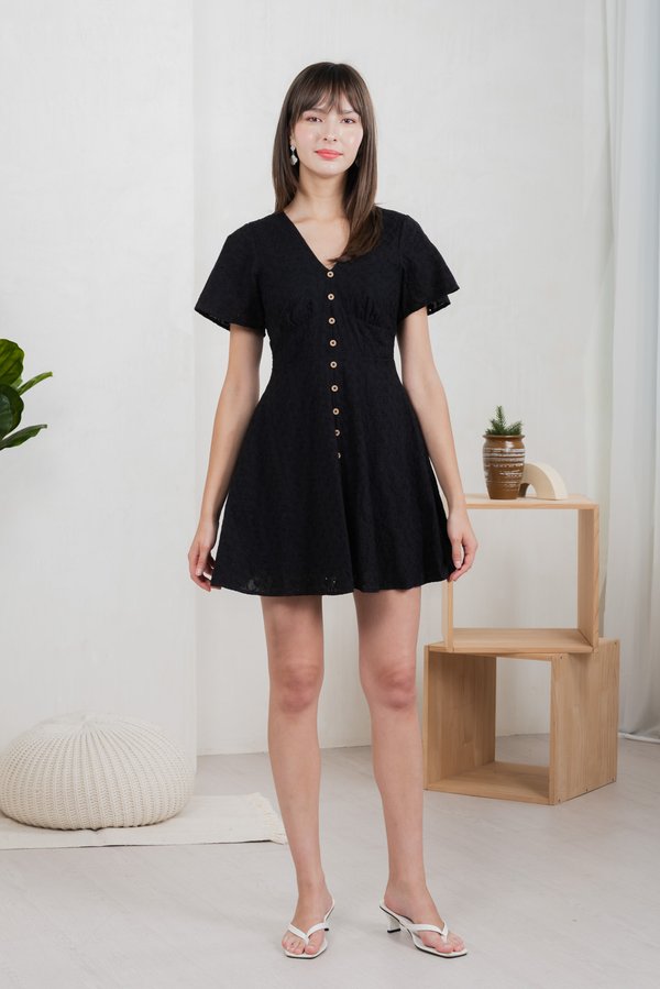 Era Eyelet Buttons Dress In Black