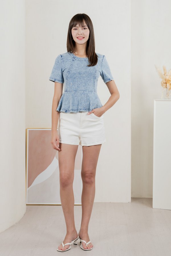 Diamond Denim Peplum Top In Acid Wash