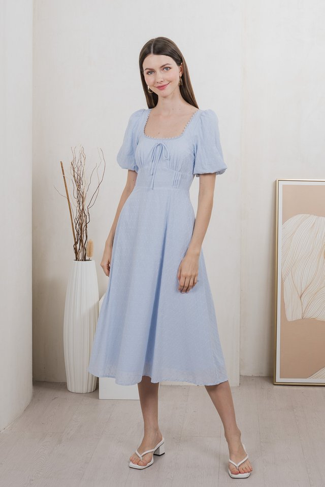 Vicky Embroidery Ribbon Midi Dress In Blue