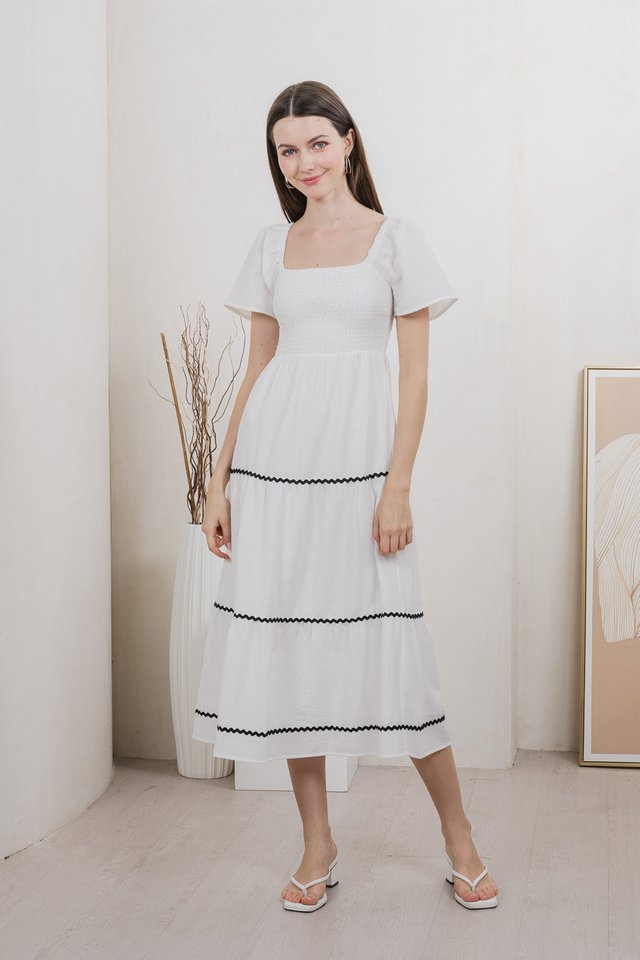 Tavia Smocked Tiered Midi Dress In White
