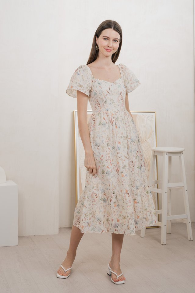 Autumn Garden Eyelet Midi Dress In Peach