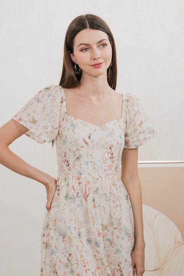 Autumn Garden Eyelet Midi Dress In Peach