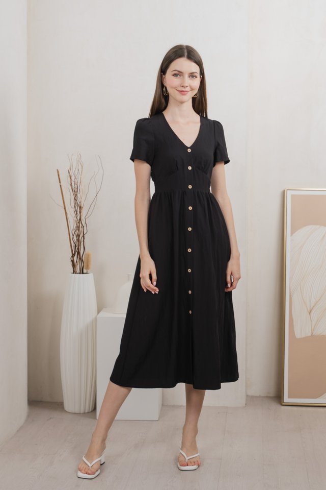 Bronte Empire Button Midi Dress In Black