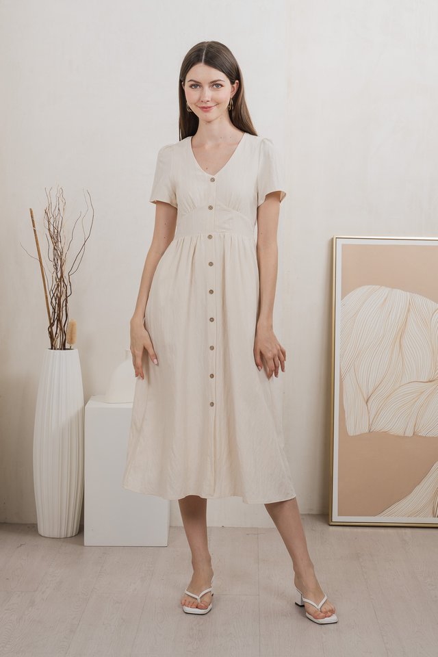 Bronte Empire Button Midi Dress In Cream
