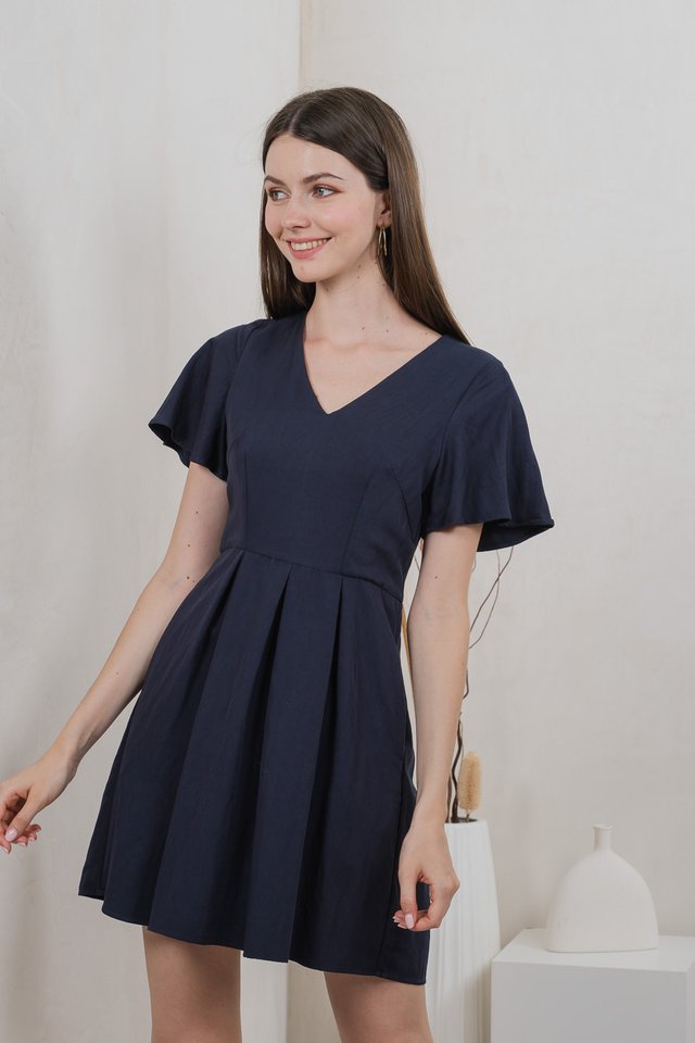 Milica Pleated Sleeve Dress In Navy