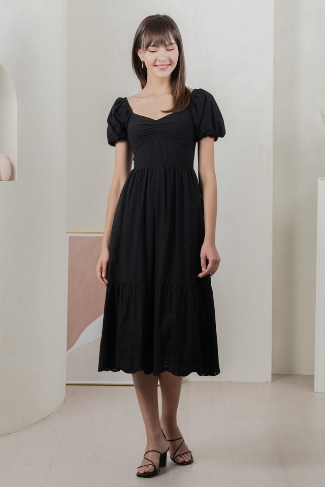 Enchant Embroidered Empire Midi Dress In Black