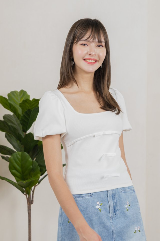 Blanca Ribbed Cotton Bow Top In White