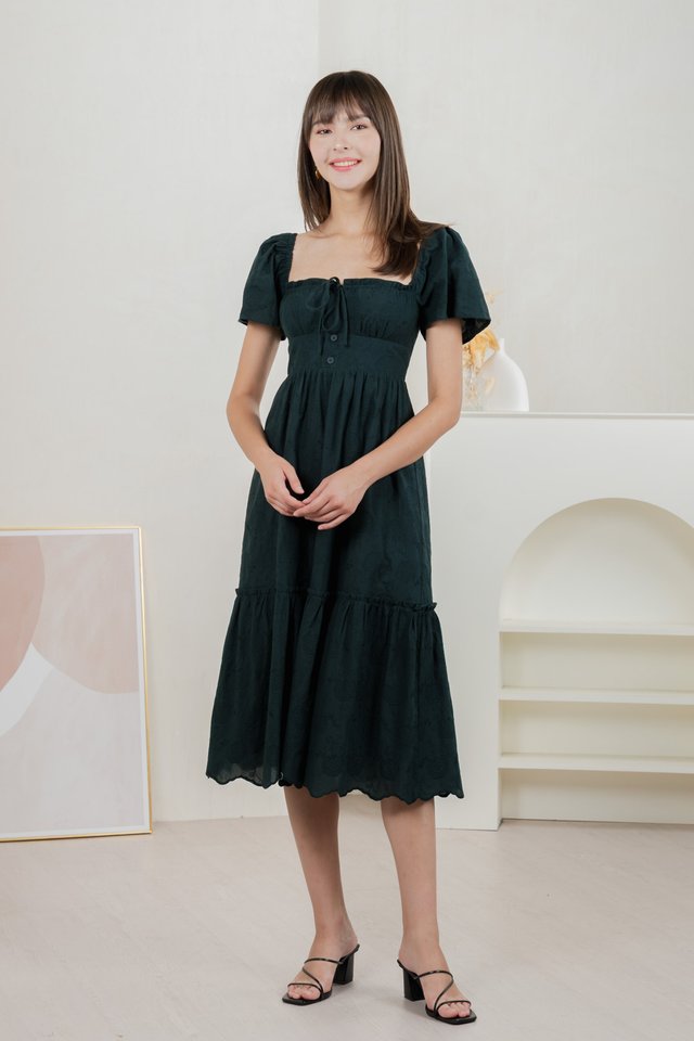 Brilliant Broderie Ribbon Midi Dress In Emerald
