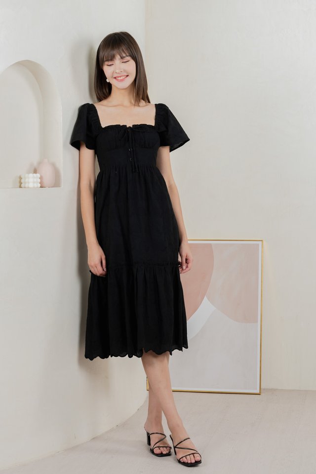 Brilliant Broderie Ribbon Midi Dress In Black