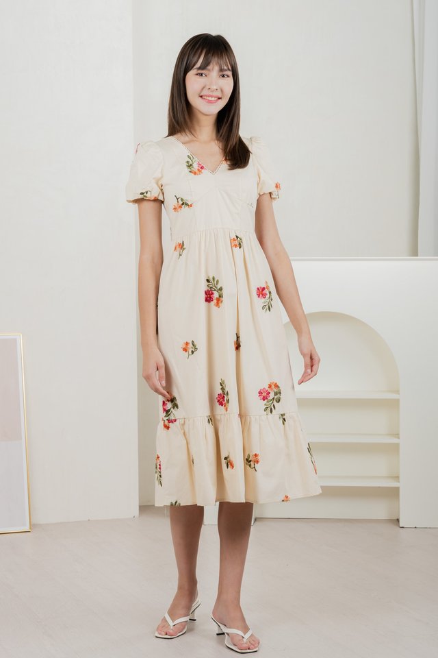 Foxglove Floral Embroidery Midi Dress In Cream