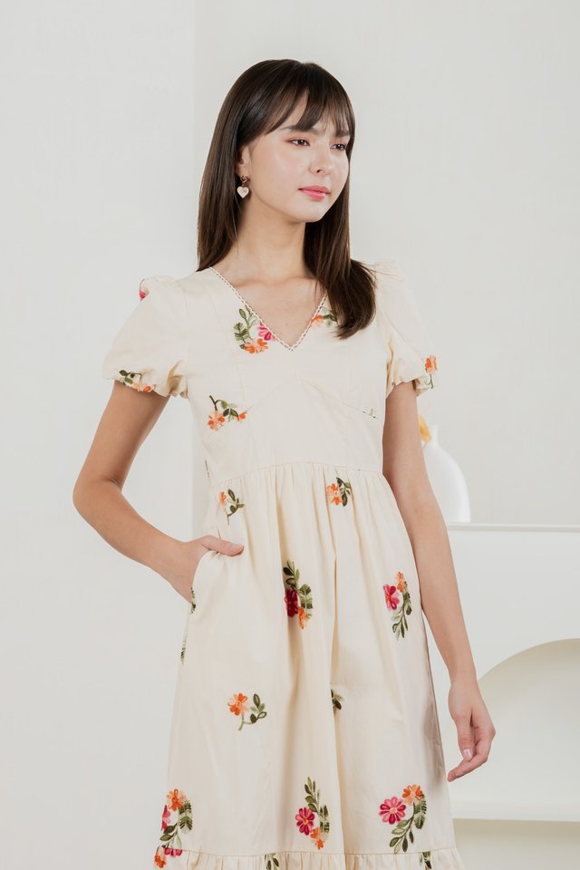 Foxglove Floral Embroidery Midi Dress In Cream