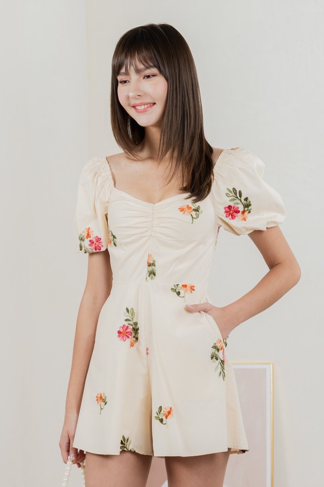 Foxglove Floral Embroidery Romper In Cream