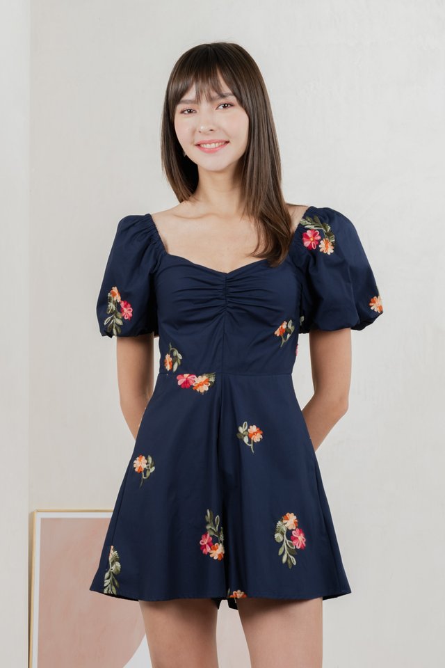 Foxglove Floral Embroidery Romper In Navy