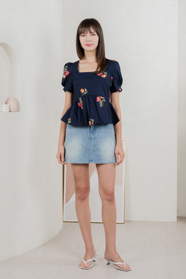 Foxglove Embroidery Babydoll Top In Navy