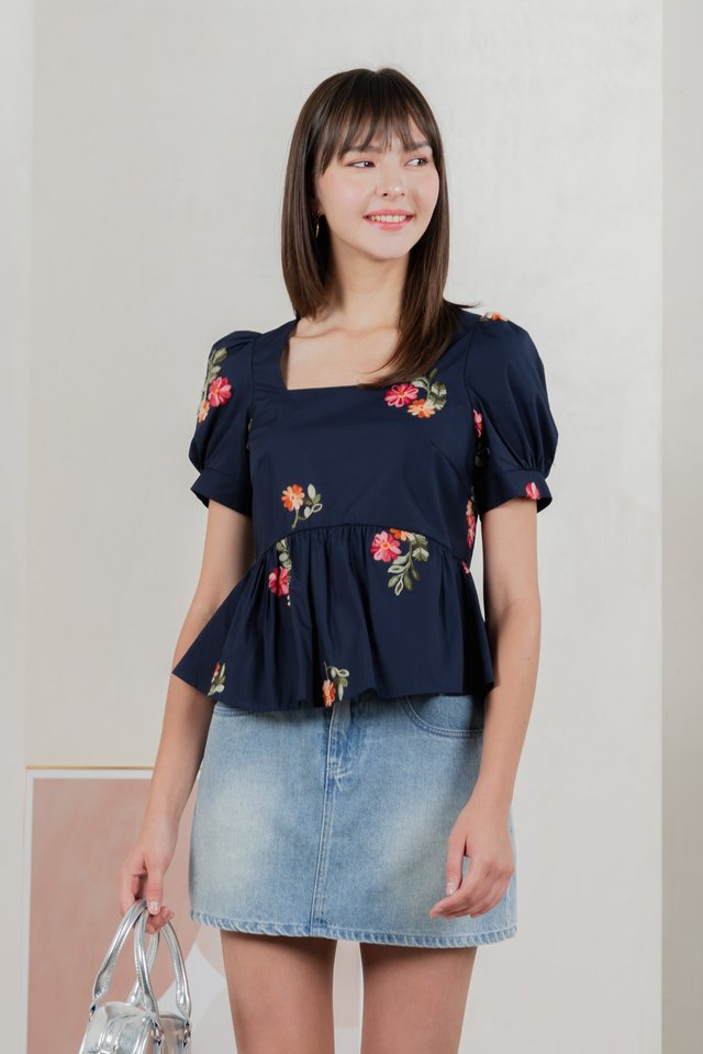 Foxglove Embroidery Babydoll Top In Navy