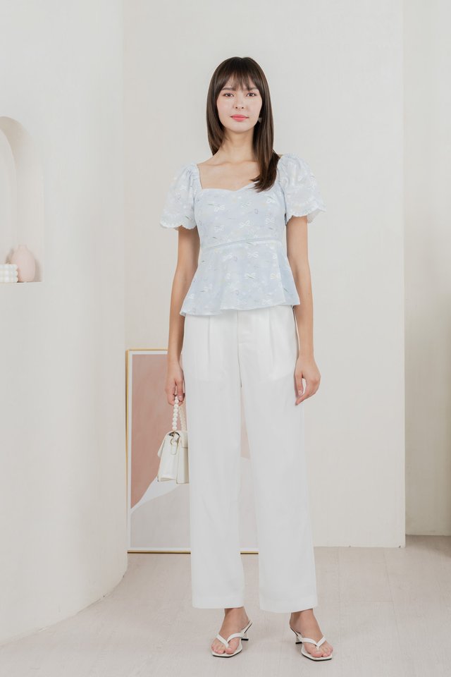 Fantasy Floral Ribbon Embroidery Top In Baby Blue