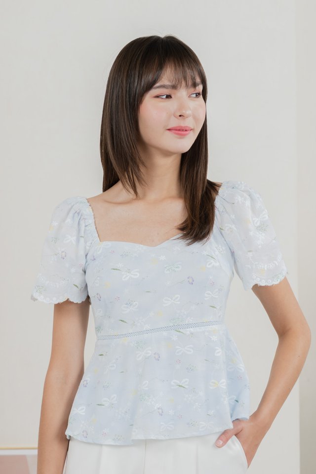 Fantasy Floral Ribbon Embroidery Top In Baby Blue