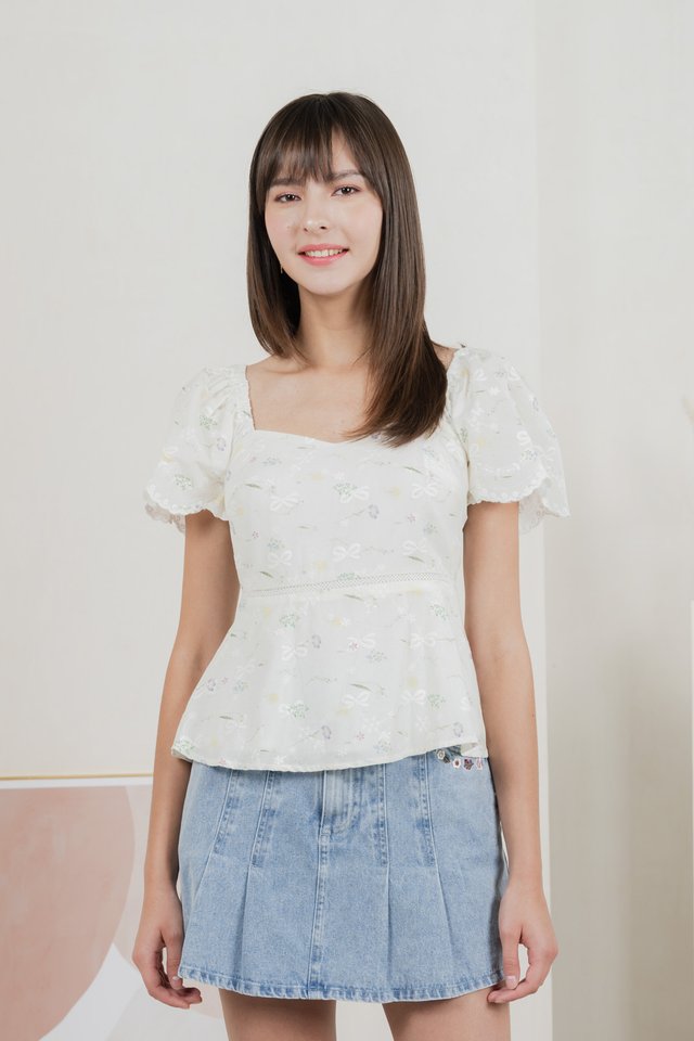 Fantasy Floral Ribbon Embroidery Top In Ivory
