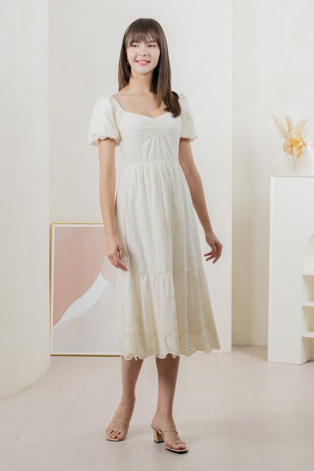 Enchant Embroidered Empire Midi Dress In Cream