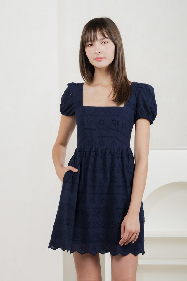 Sachi Eyelet Square Neck Dress In Navy