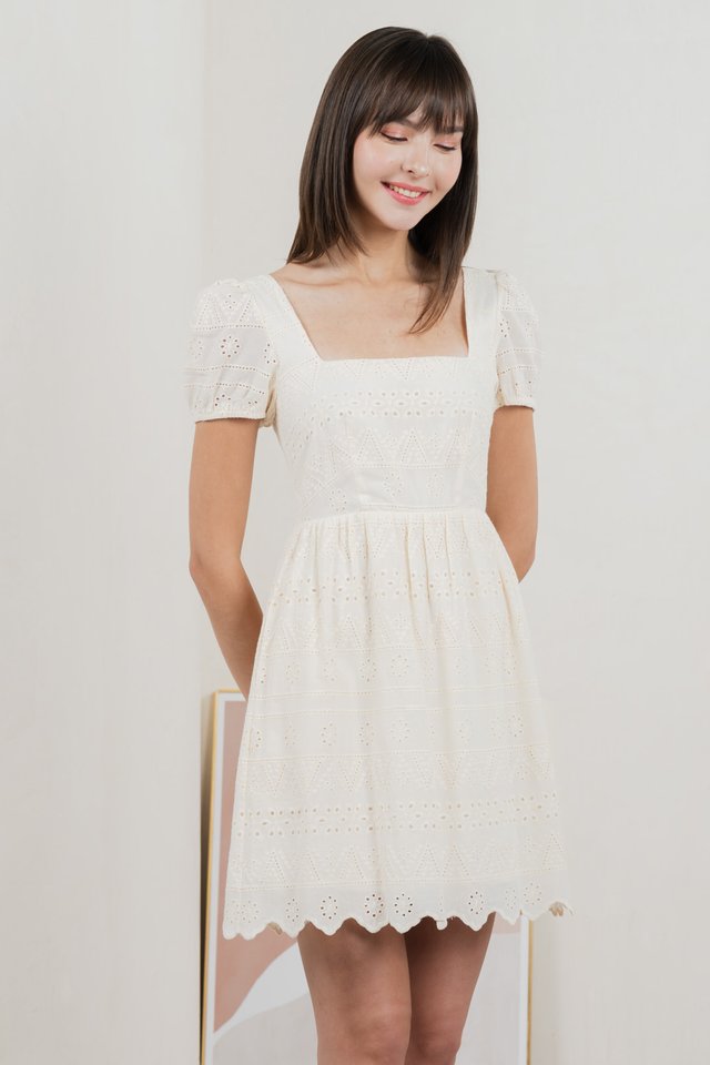 Sachi Eyelet Square Neck Dress In Cream
