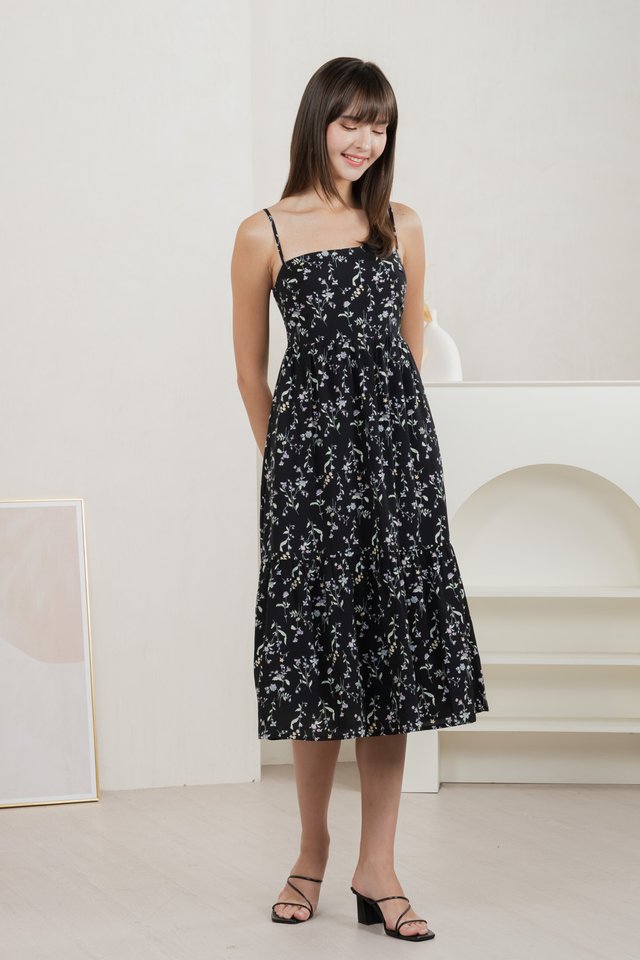 Tayra Floral Print Camisole Midi Dress In Black