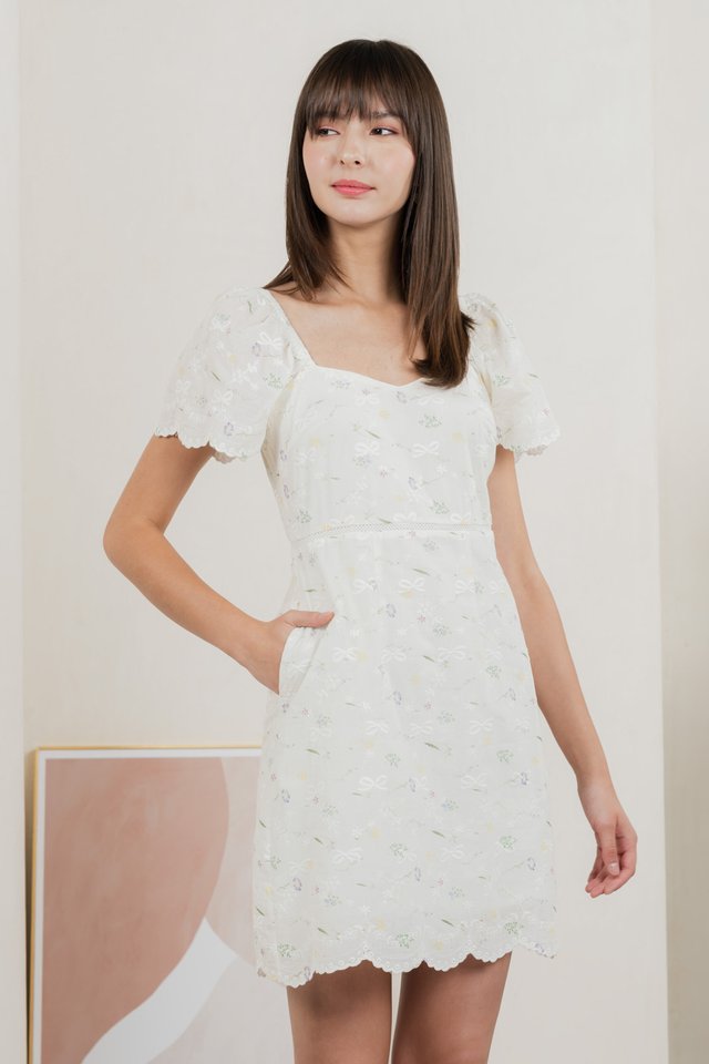 Fantasy Floral Ribbon Embroidery Dress In Ivory