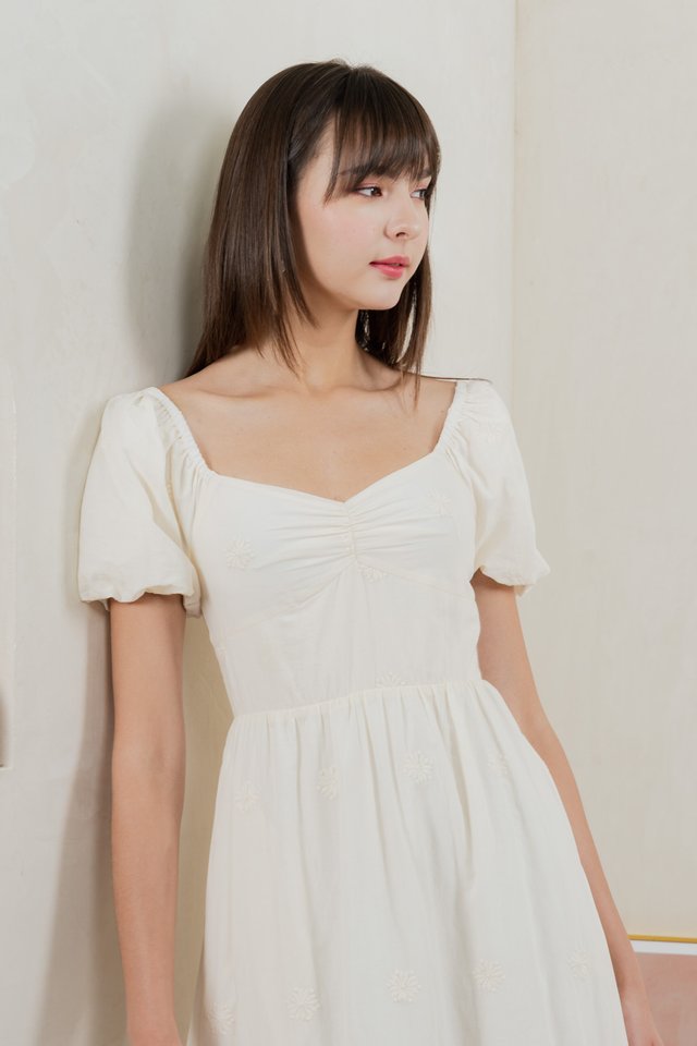 Enchant Embroidered Empire Midi Dress In Cream