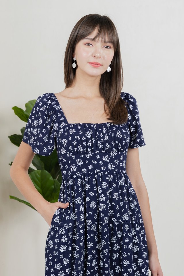 Marigold Floral Ruched Midi Dress In Navy