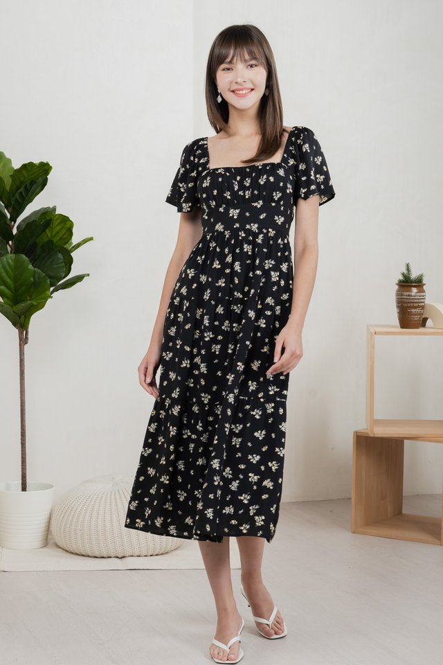 Monti Printed Ruched Maxi Dress In Black
