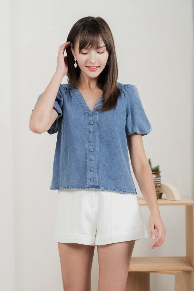 Delphine Denim Button V Neck Top