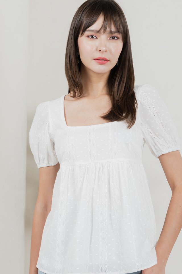Eudora Swiss Dots Cotton Babydoll Top In White