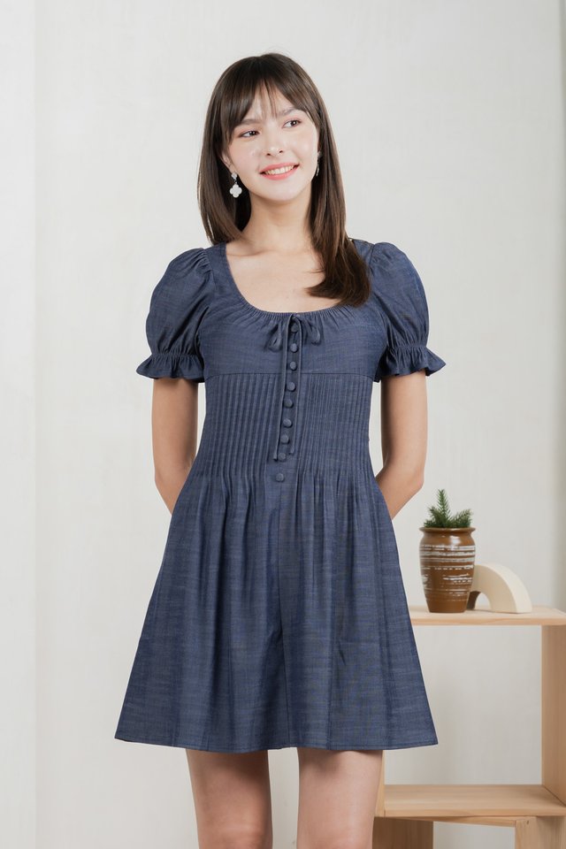 Bonita Ribbon Button Pleated Dress In Midnight Blue