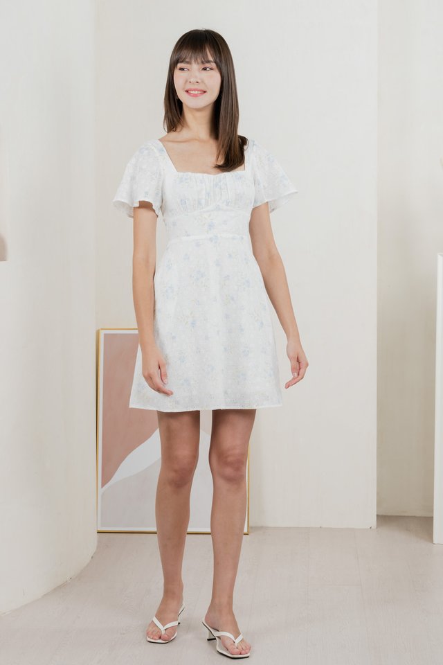 Inessa Floral Eyelet Empire Dress In Blue
