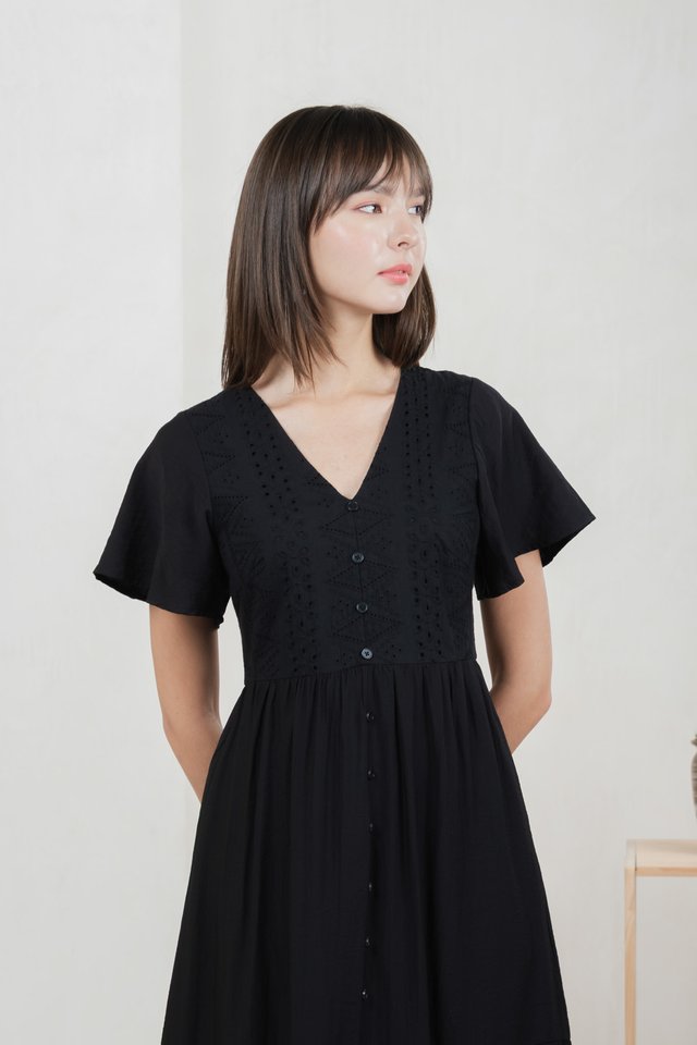 Murphy Eyelet Button Midi Dress In Black