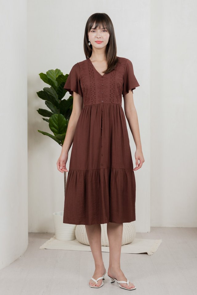 Murphy Eyelet Button Midi Dress In Brown