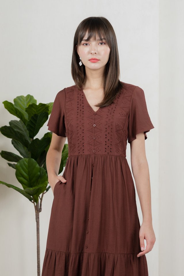 Murphy Eyelet Button Midi Dress In Brown