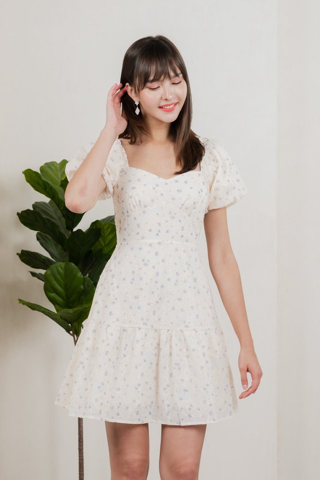 Gaia Floral Embroidery Empire Dress In Cream