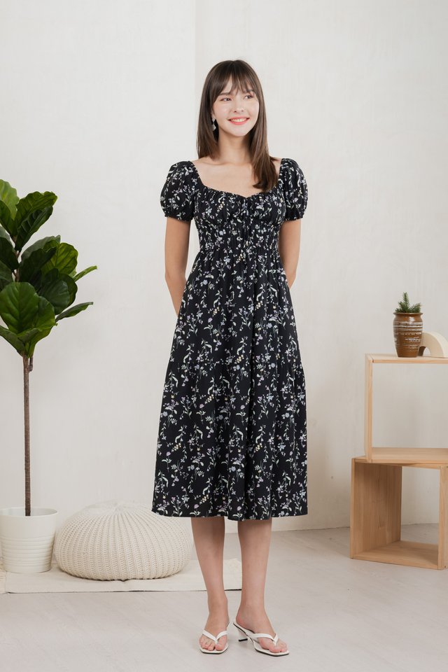 Tayra Floral Ruched Midi Dress In Black