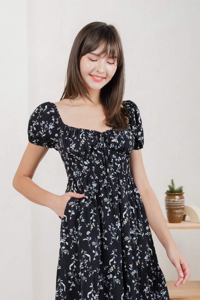 Tayra Floral Ruched Midi Dress In Black