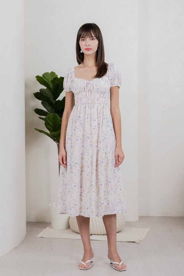 Tayra Floral Ruched Midi Dress In Pink