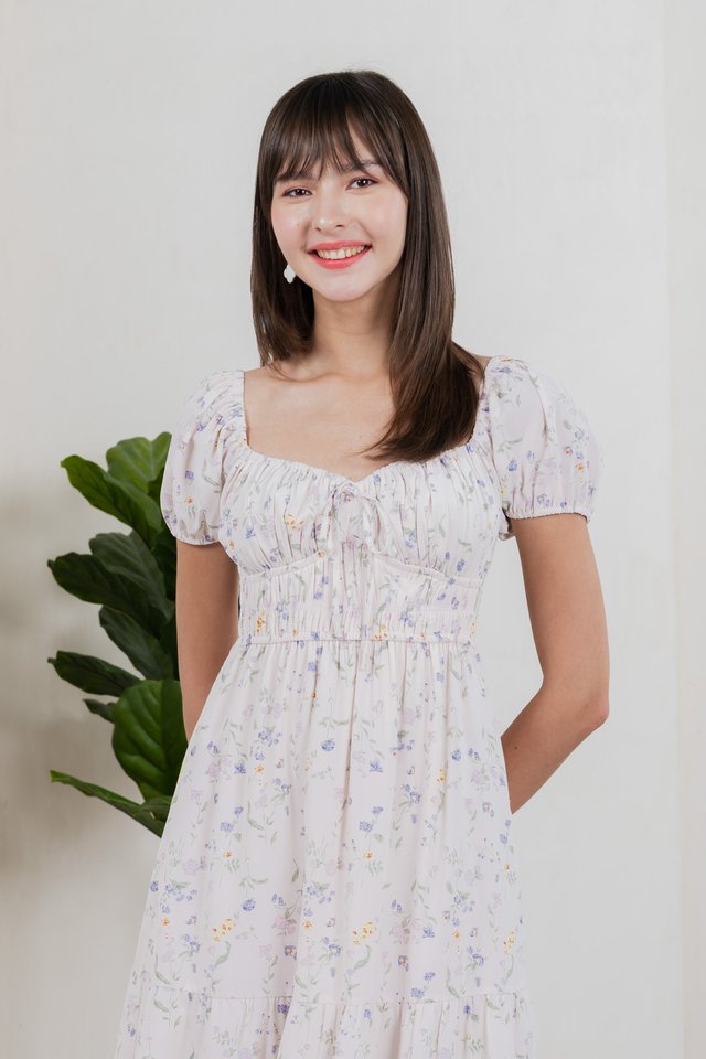 Tayra Floral Ruched Midi Dress In Pink