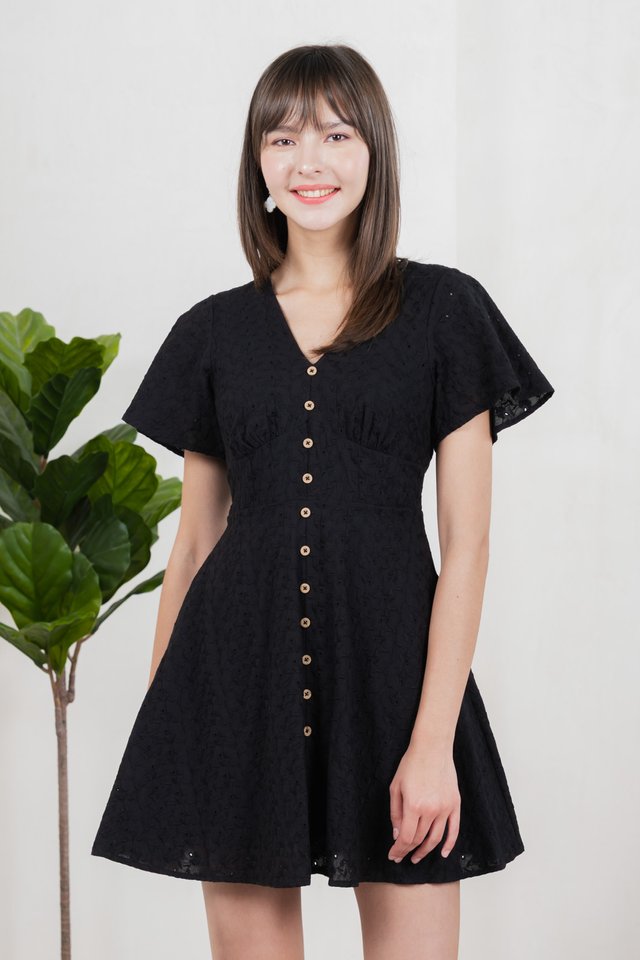 Era Eyelet Buttons Dress In Black
