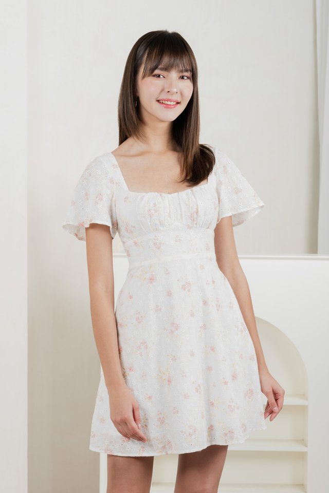 Inessa Floral Eyelet Empire Dress In Pink