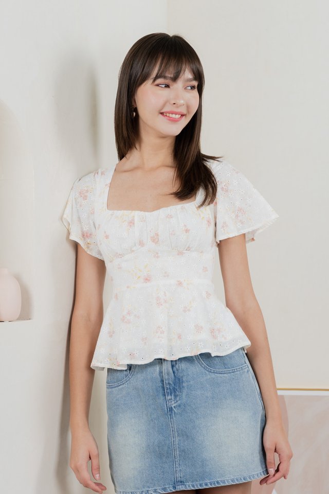 Inessa Floral Eyelet Empire Top In Pink