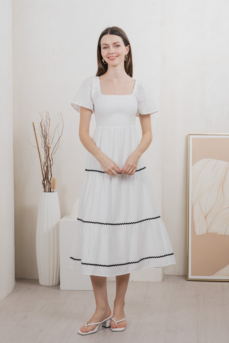 Tavia Smocked Tiered Midi Dress In White