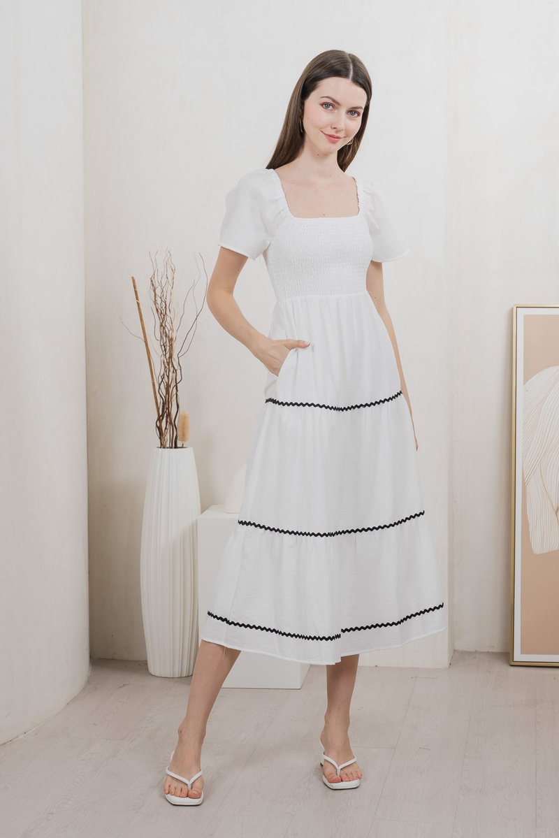 Tavia Smocked Tiered Midi Dress In White