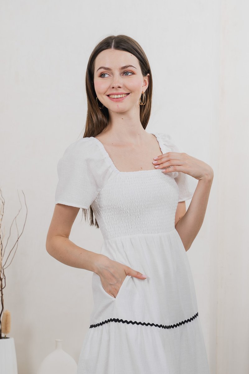 Tavia Smocked Tiered Midi Dress In White
