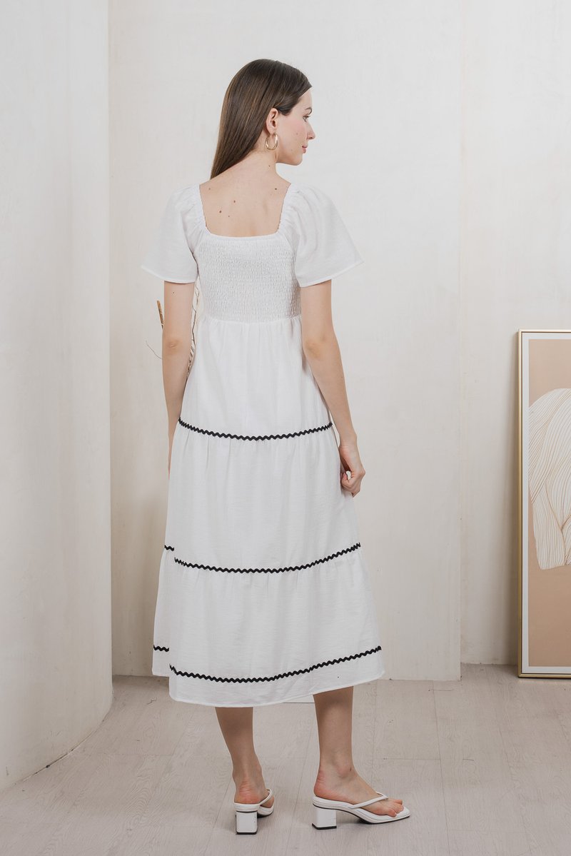 Tavia Smocked Tiered Midi Dress In White